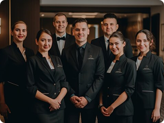 Group of hospitality staff in black uniforms posing for photo